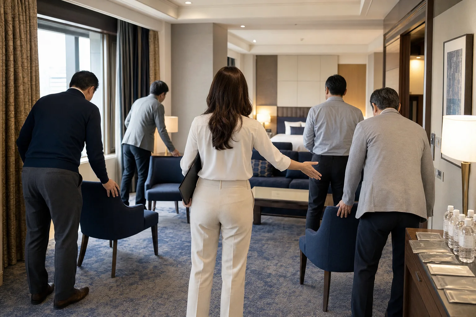 女性1名と男性4名が会場を準備する再現イメージ